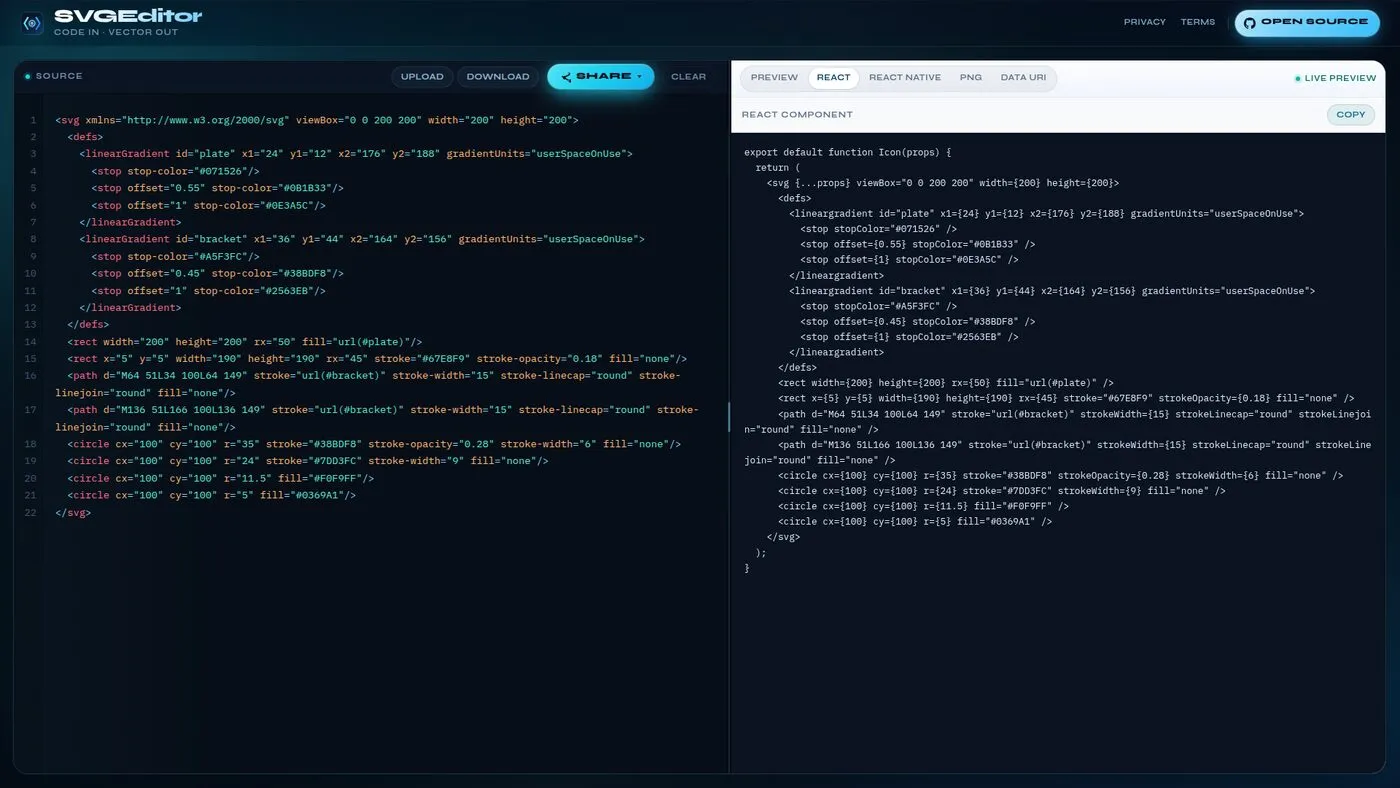 SVGEditor with Source SVG on the left and the React export tab showing a generated Icon component on the right